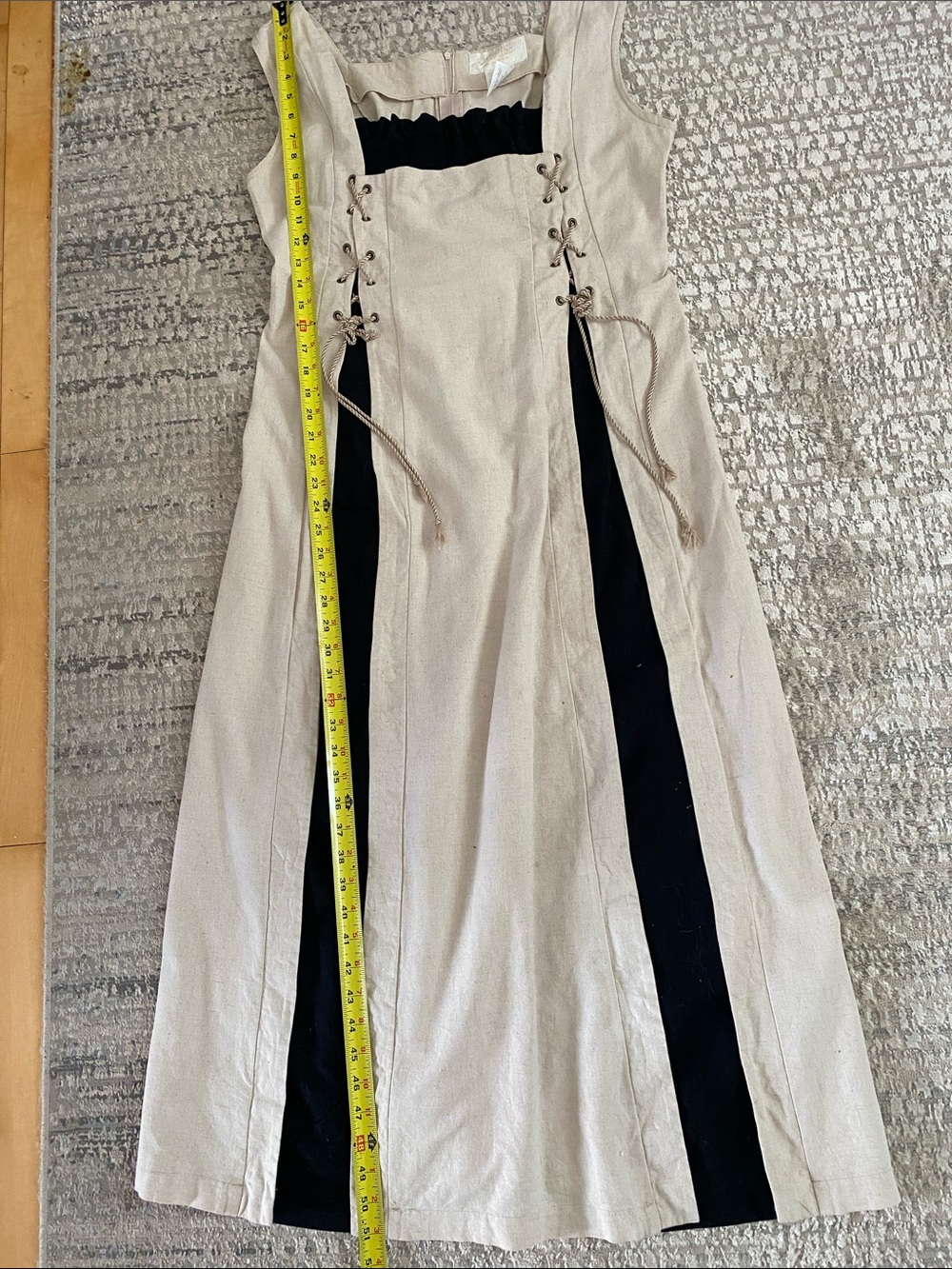 EXCALIBOR LInen Beige Maxi Dress w Black Insert & Lace-Up Panels Size X large - Picture 14 of 16